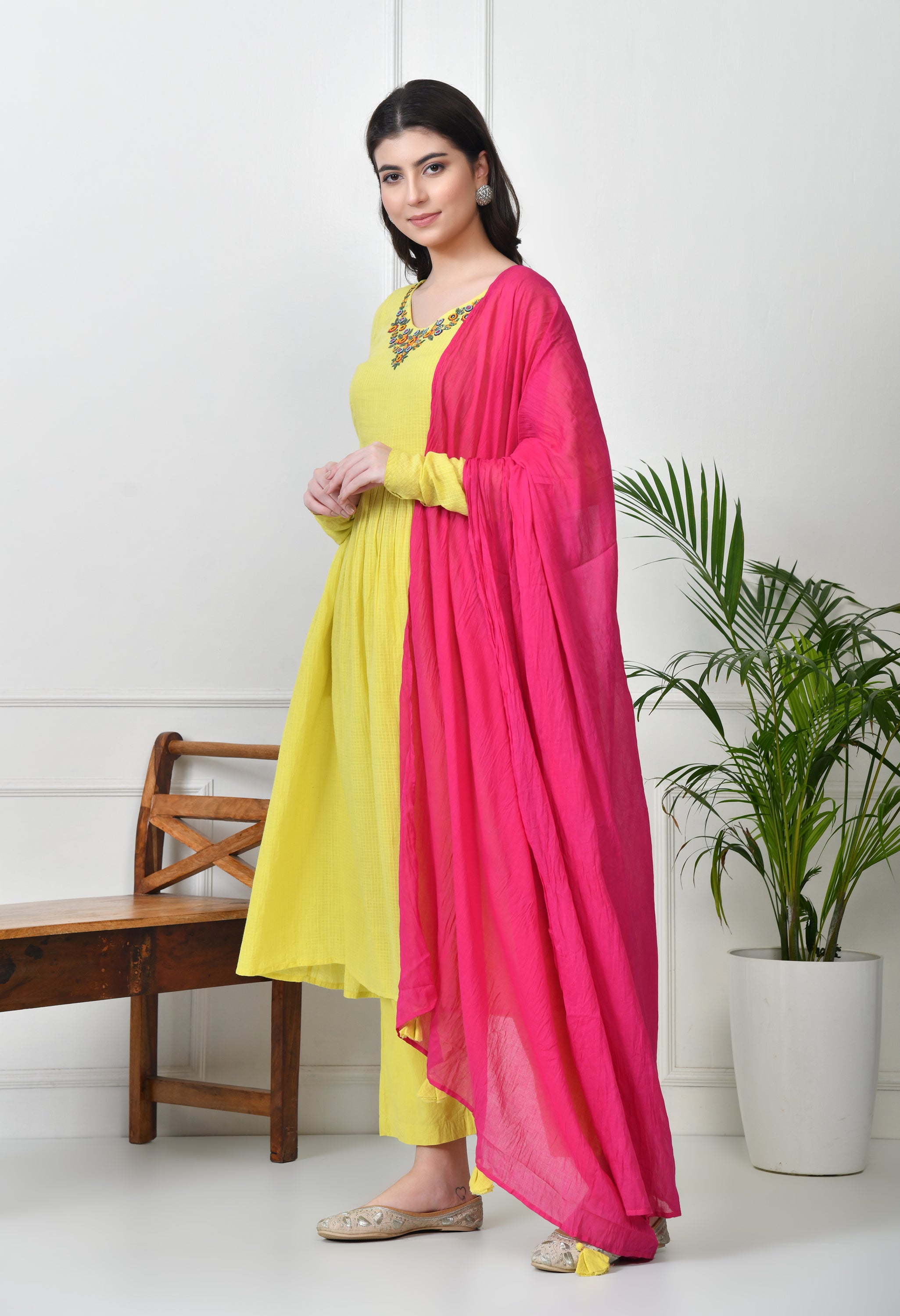 LIME YELLOW KOTTA DORIYA KURTA SET